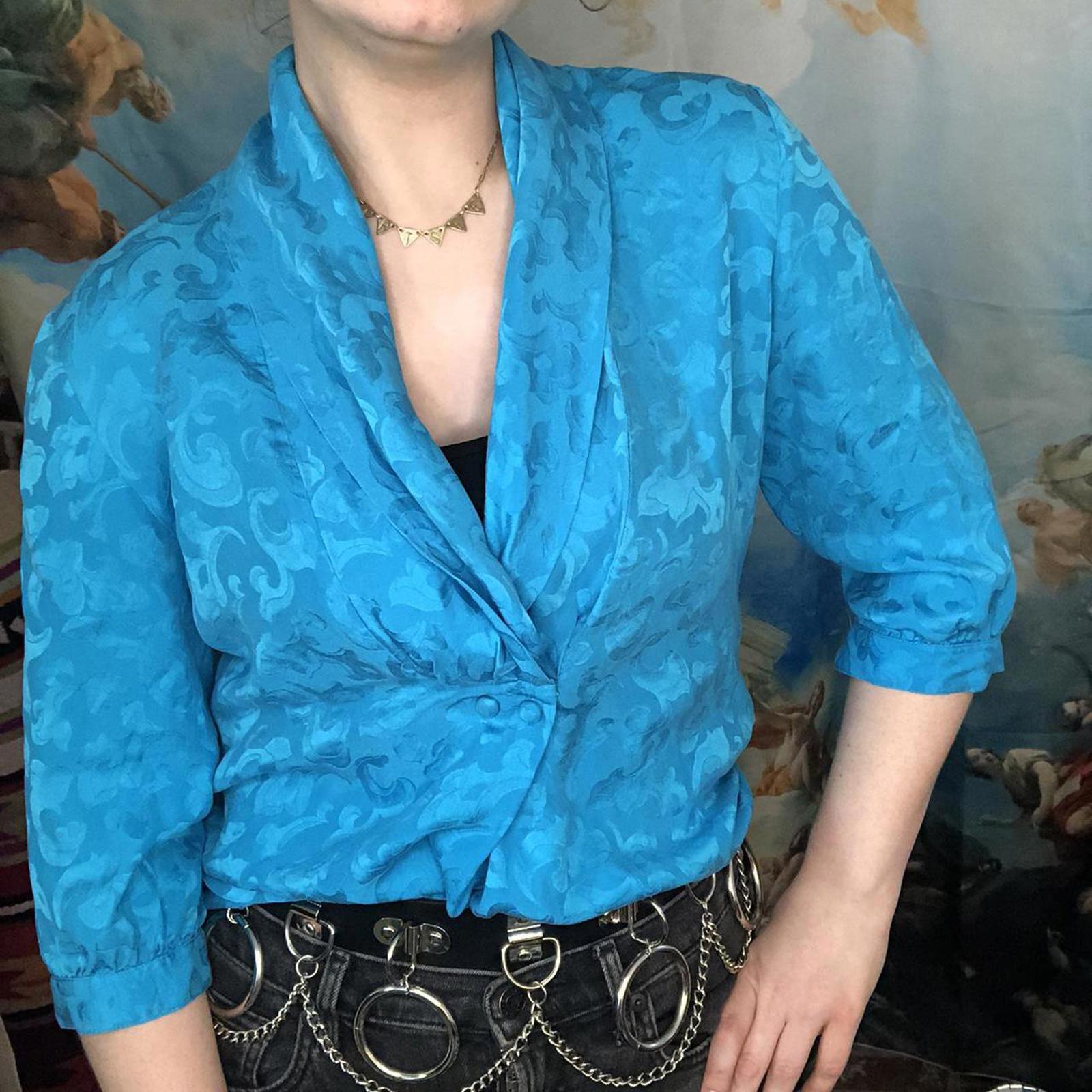 Jewel Blue Double Breasted 80s Silk Top